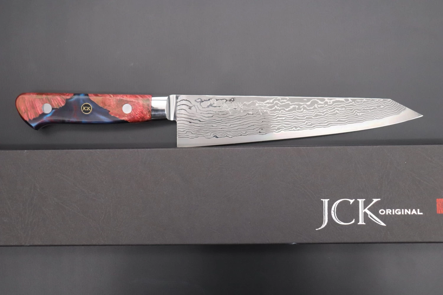 JCK Original Kagayaki NOVEL- Limited Edition Custom R-2 Damascus Series KNLTD-78 Kiritsuke-Gyuto 200mm (7.8 Inch, Forged Blade) 8 JCK Original Kagayaki NOVEL- Limited Edition Custom R-2 Damascus Series KNLTD-78 Kiritsuke-Gyuto 200mm (7.8 Inch, Forged Blade) - Image 8