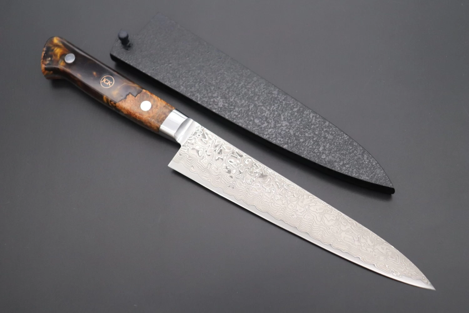 JCK Original Kagayaki NOVEL- Limited Edition Custom R-2 Damascus Series KNLTD-72 Petty 150mm (5.9 Inch, Hammer Forged Blade) 1 JCK Original Kagayaki NOVEL- Limited Edition Custom R-2 Damascus Series KNLTD-72 Petty 150mm (5.9 Inch, Hammer Forged Blade)