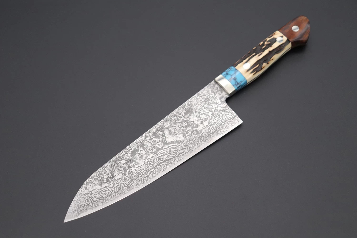 Mr. Itou "Treasure Hunter Series" R-2 Custom Damascus Gyuto 190mm (7.4 Inch) "Custom Combination Handle (Turquoise Gem-Composite Stone, Sambar Stag, Ironwood )" (IT-114) 1 Mr. Itou "Treasure Hunter Series" R-2 Custom Damascus Gyuto 190mm (7.4 Inch) "Custom Combination Handle (Turquoise Gem-Composite Stone, Sambar Stag, Ironwood )" (IT-114)