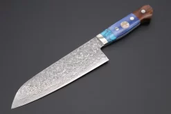Mr. Itou “Luna Series” R-2 Custom Damascus Santoku 170mm (6.6 Inch, "Custom Combination Handle(Turquoise Gem-Composite Stone/Blue Color Camel Bone/Ironwood)" (IT-162)