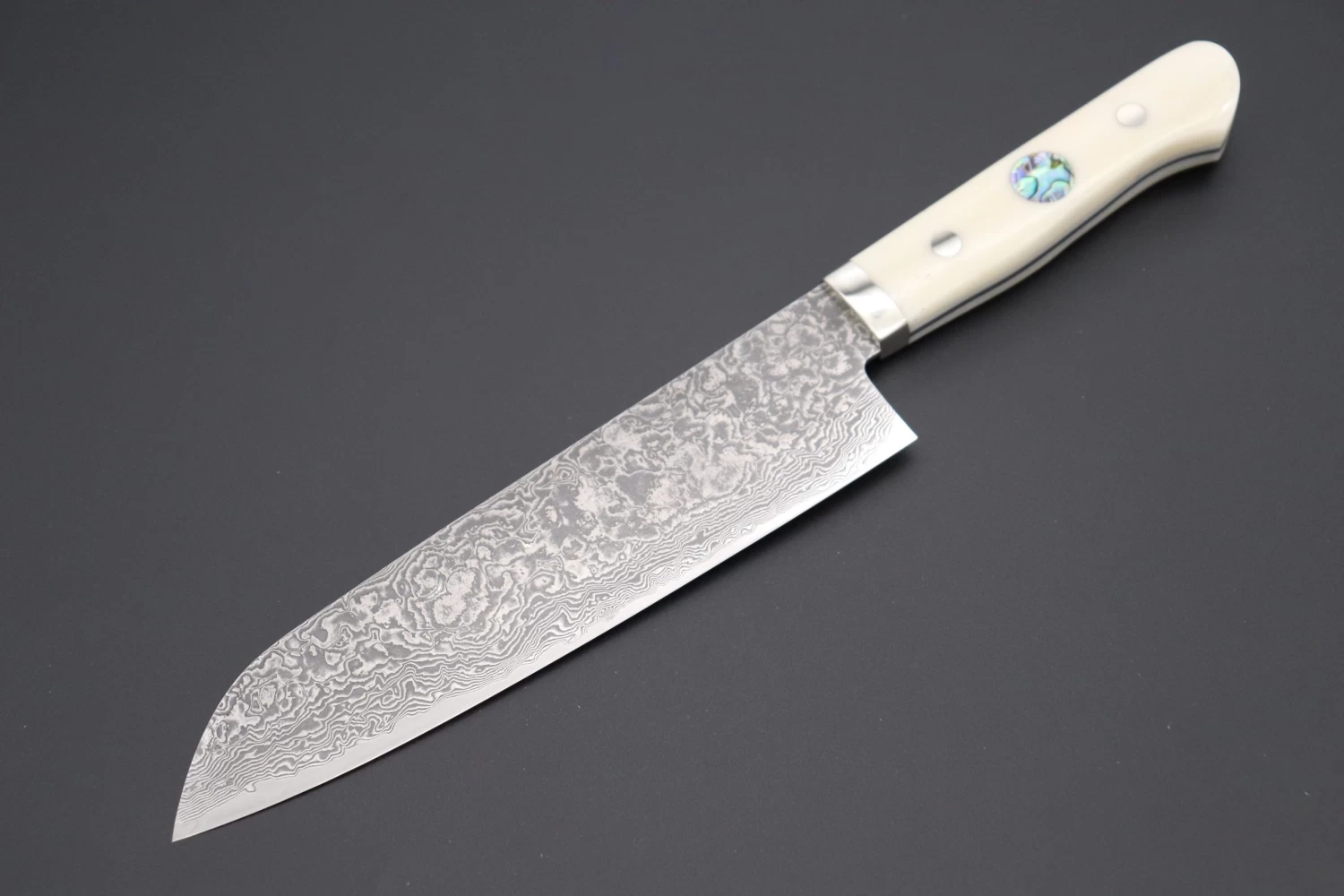 Mr. Itou “Luna Series” R-2 Custom Damascus Santoku 185mm (7.2 Inch) White Color Camel Bone Handle (IT-155) 1 Mr. Itou “Luna Series” R-2 Custom Damascus Santoku 185mm (7.2 Inch) White Color Camel Bone Handle (IT-155)