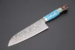 Mr. Itou R-2 Custom Damascus Santoku 175mm (6.8 Inch, "Custom Combination Handle(Turquoise Gem-Composite Stone/Abalone/Ironwood)" (IT-160)