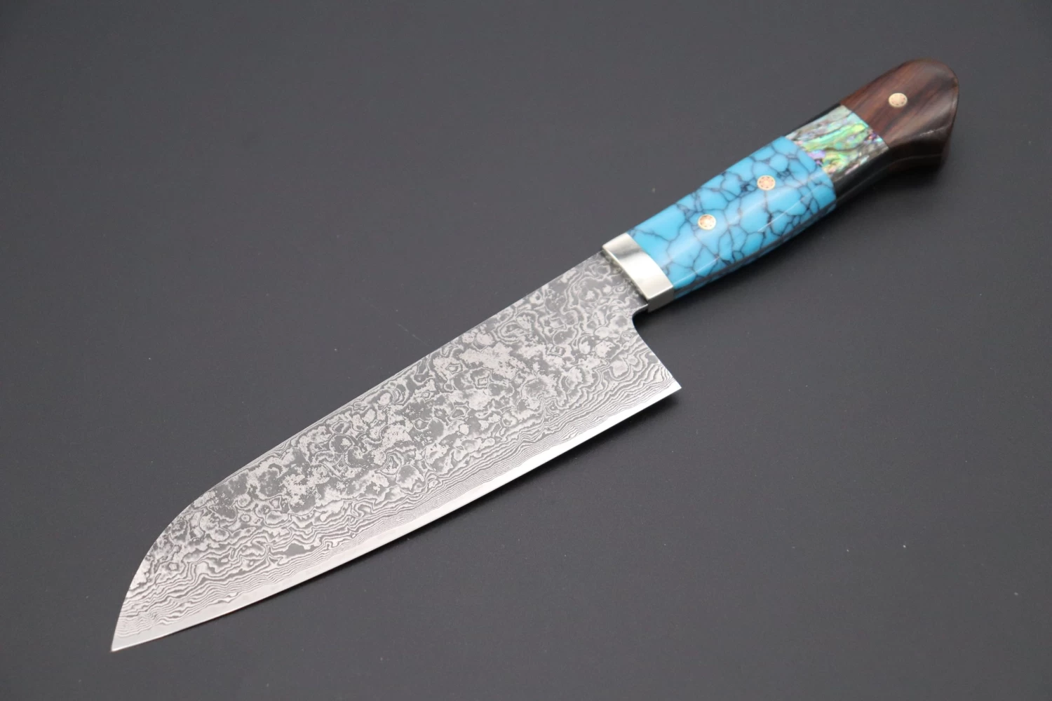 Mr. Itou R-2 Custom Damascus Santoku 175mm (6.8 Inch, "Custom Combination Handle(Turquoise Gem-Composite Stone/Abalone/Ironwood)" (IT-160) 1 Mr. Itou R-2 Custom Damascus Santoku 175mm (6.8 Inch, "Custom Combination Handle(Turquoise Gem-Composite Stone/Abalone/Ironwood)" (IT-160)