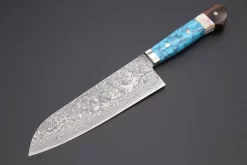 Mr. Itou R-2 Custom Damascus Santoku 175mm (6.8 Inch, "Custom Combination Handle(Turquoise Gem-Composite Stone/White Abalone/Ironwood)" (IT-159)