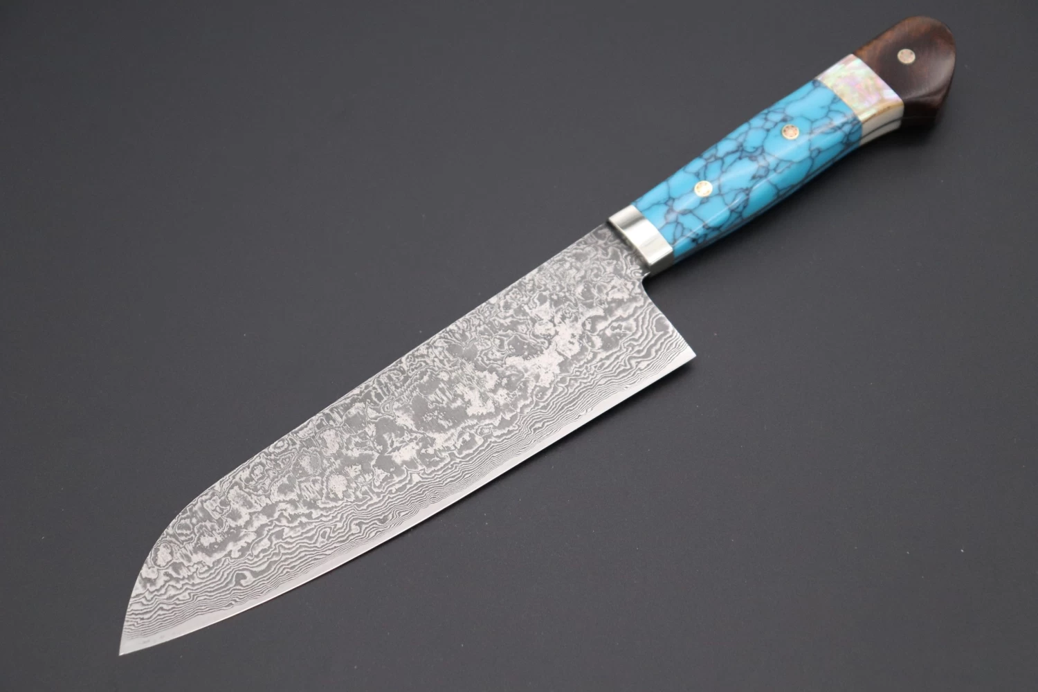 Mr. Itou R-2 Custom Damascus Santoku 175mm (6.8 Inch, "Custom Combination Handle(Turquoise Gem-Composite Stone/White Abalone/Ironwood)" (IT-159) 1 Mr. Itou R-2 Custom Damascus Santoku 175mm (6.8 Inch, "Custom Combination Handle(Turquoise Gem-Composite Stone/White Abalone/Ironwood)" (IT-159)