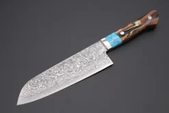 Mr. Itou "Treasure Hunter Series" R-2 Custom Damascus Santoku 175mm (6.8 Inch) "Custom Combination Handle (Turquoise Gem Stone/Samber Stag/Ironwood)" (IT-157)