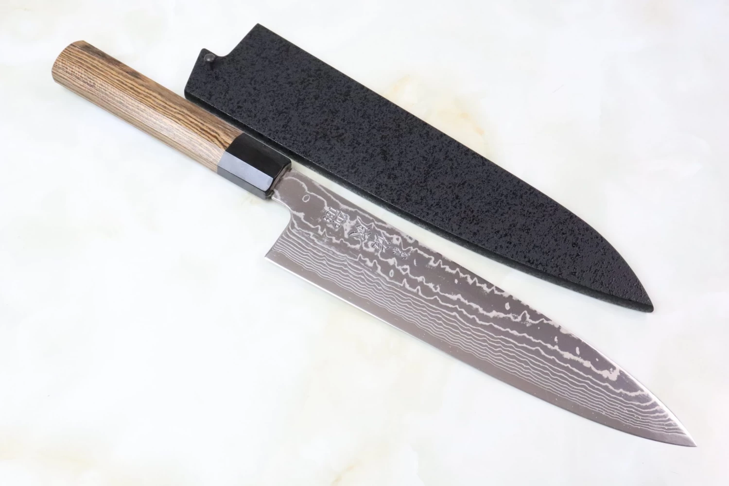 Sukenari ZDP-189 Nickel Damascus Wa Gyuto (210mm To 270mm, 3 Sizes, Octagonal Bocote Wood Handle) 7 Sukenari ZDP-189 Nickel Damascus Wa Gyuto (210mm To 270mm, 3 Sizes, Octagonal Bocote Wood Handle) - Image 7