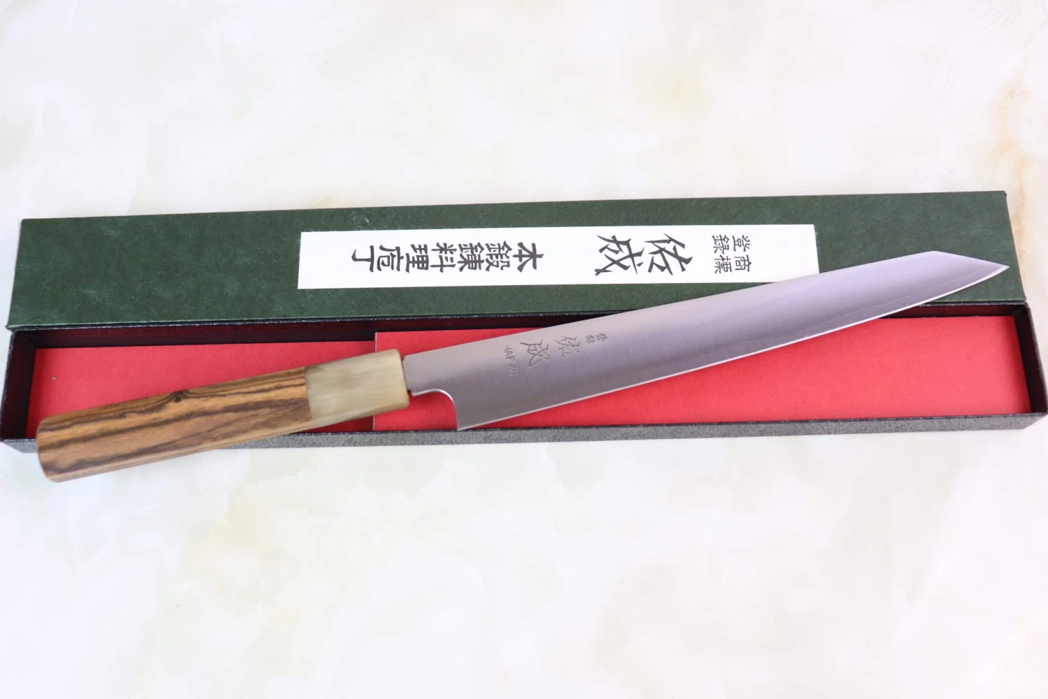 Sukenari HAP-40 Series Kiritsuke-Sujihiki 240mm (9.4 Inch, Octagon Shaped Bocote Wood Handle) 6 Sukenari HAP-40 Series Kiritsuke-Sujihiki 240mm (9.4 Inch, Octagon Shaped Bocote Wood Handle) - Image 6