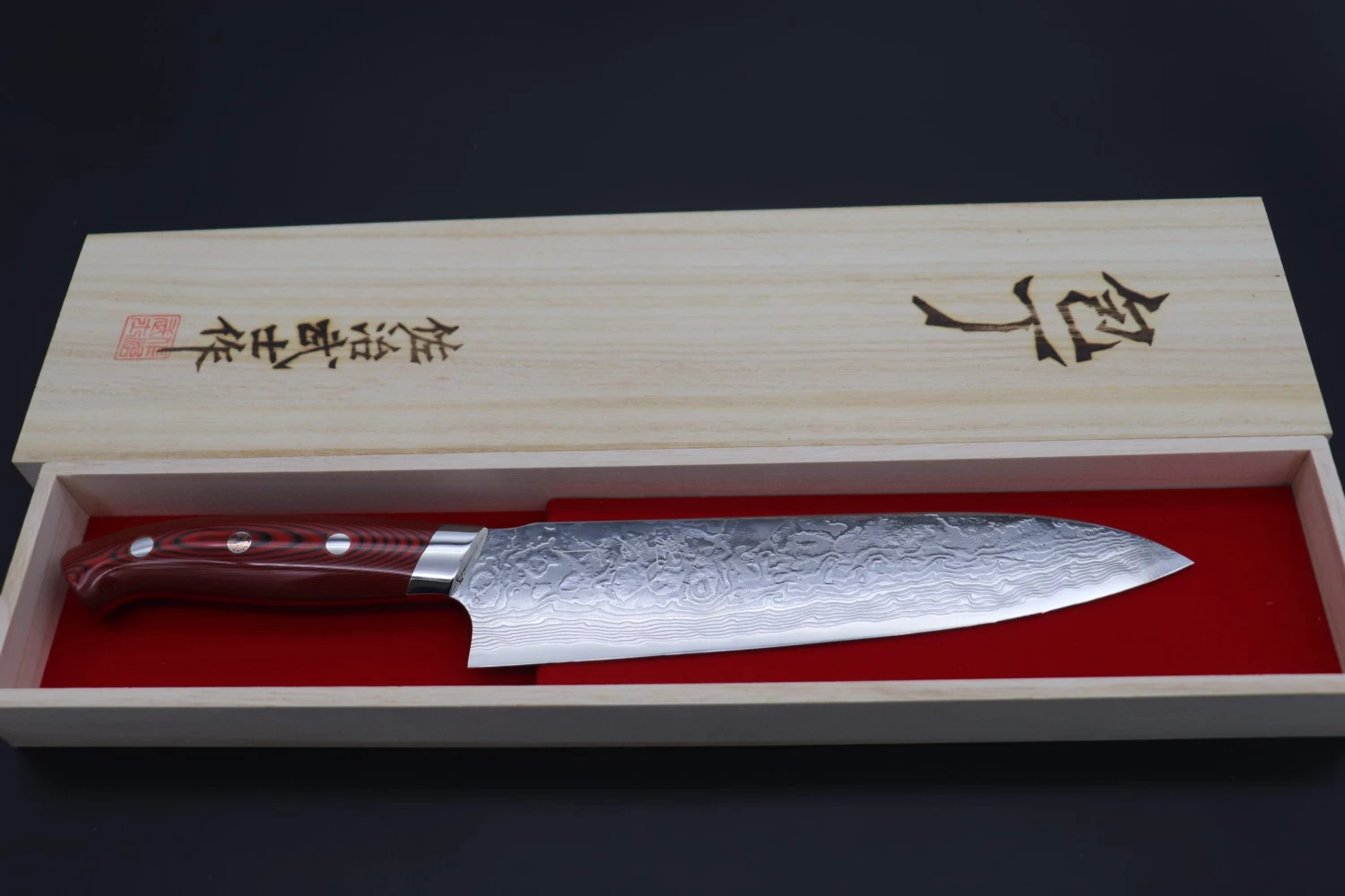 Takeshi Saji R-2 Custom Diamond Damascus Wild Series New Design Gyuto (210mm And 240mm, Red/Black Linen Micarta Handle) 8 Takeshi Saji R-2 Custom Diamond Damascus Wild Series New Design Gyuto (210mm And 240mm, Red/Black Linen Micarta Handle) - Image 8