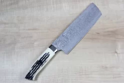Takeshi Saji R-2 Custom Black Damascus Wild Series Nakiri 165mm (6.4 Inch, Stag Bone Handle)