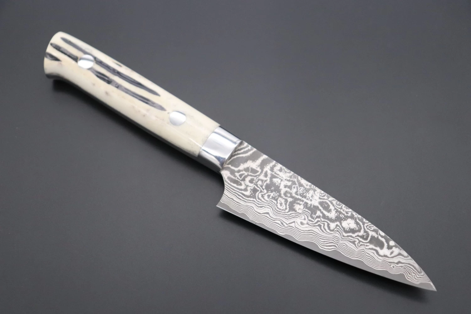 Takeshi Saji R-2 Custom Black Damascus Wild Series Paring 90mm (3.5 Inch, Stag Bone Handle) 1 Takeshi Saji R-2 Custom Black Damascus Wild Series Paring 90mm (3.5 Inch, Stag Bone Handle)