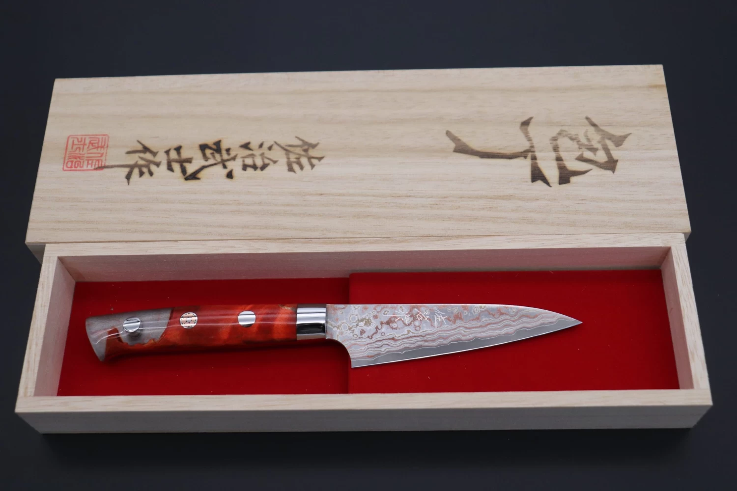 Takeshi Saji SUMMIT ― Limited Edition Custom Series SMT-744 VG-10W Multi-Colored Golden-Rainbow Damascus Paring 95mm (3.7 Inch) 8 Takeshi Saji SUMMIT ― Limited Edition Custom Series SMT-744 VG-10W Multi-Colored Golden-Rainbow Damascus Paring 95mm (3.7 Inch) - Image 8