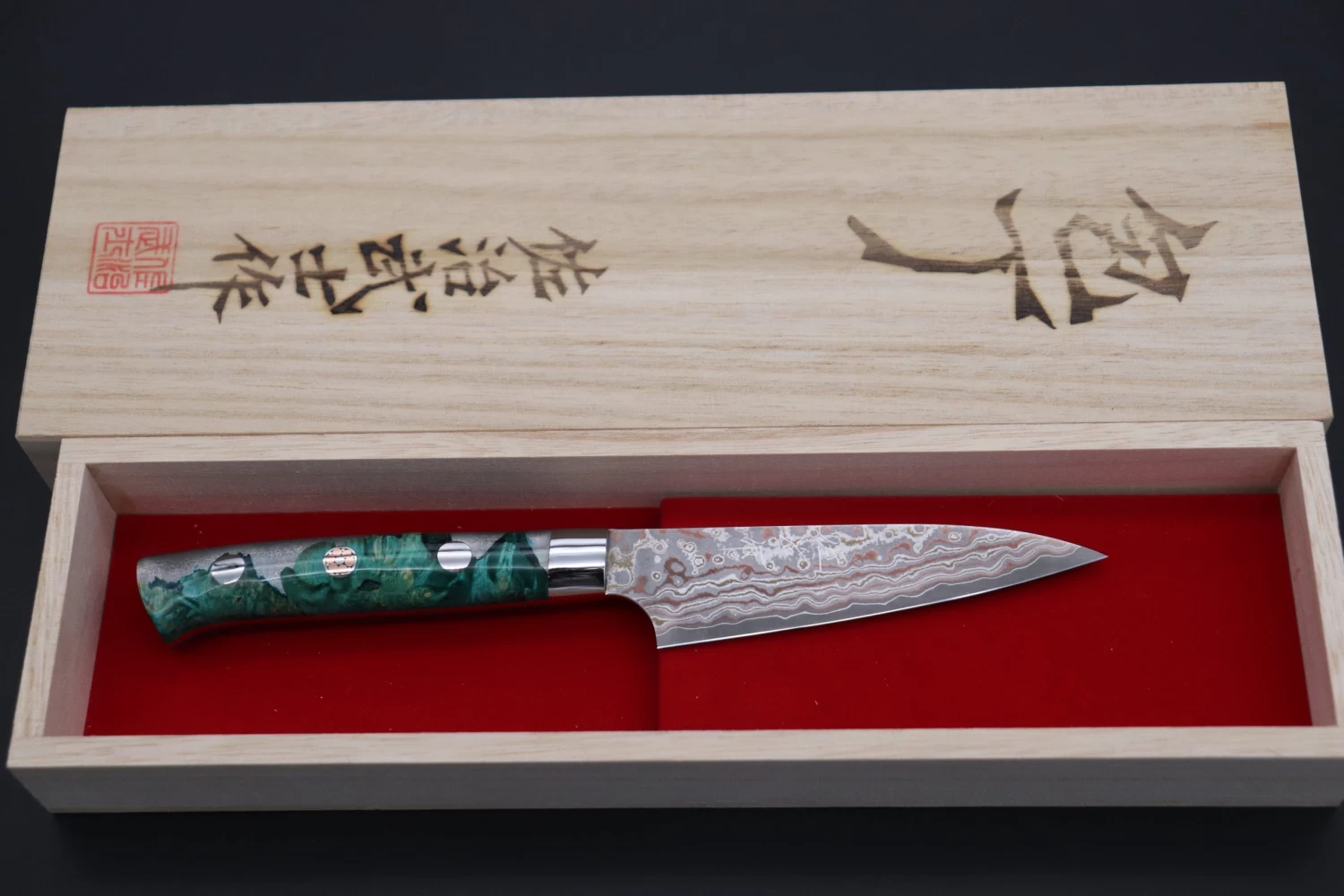 Takeshi Saji SUMMIT ― Limited Edition Custom Series SMT-747 VG-10W Multi-Colored Golden-Rainbow Damascus Paring 95mm (3.7 Inch) 8 Takeshi Saji SUMMIT ― Limited Edition Custom Series SMT-747 VG-10W Multi-Colored Golden-Rainbow Damascus Paring 95mm (3.7 Inch) - Image 8