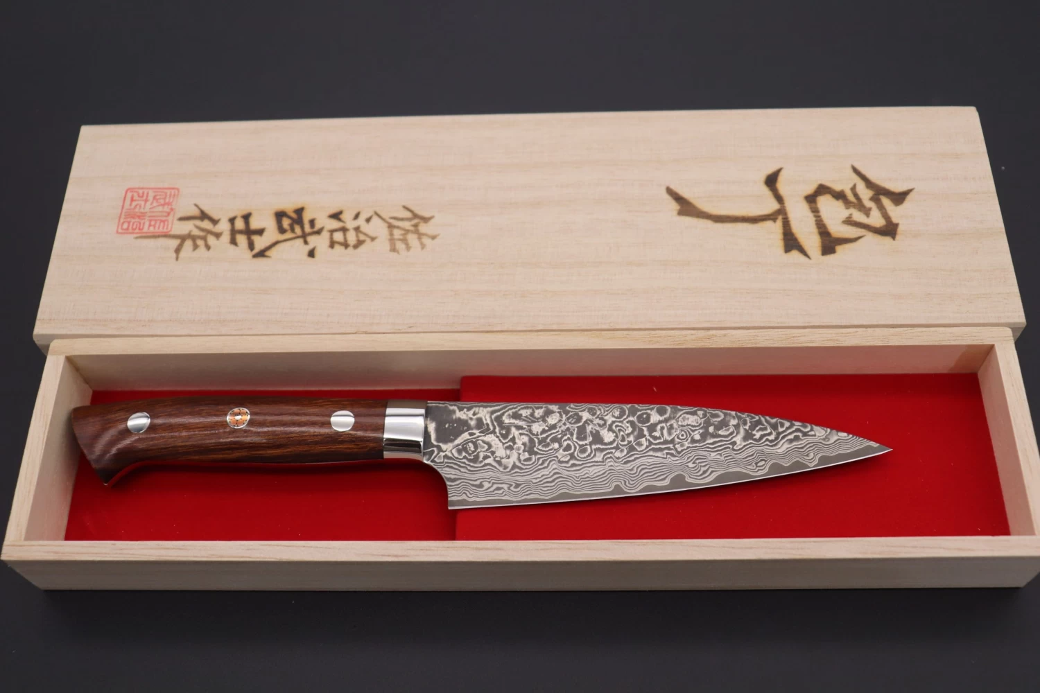 Takeshi Saji R-2 Custom Black Damascus Wild Series Petty (135mm And 150mm, Ironwood Handle) 8 Takeshi Saji R-2 Custom Black Damascus Wild Series Petty (135mm And 150mm, Ironwood Handle) - Image 8