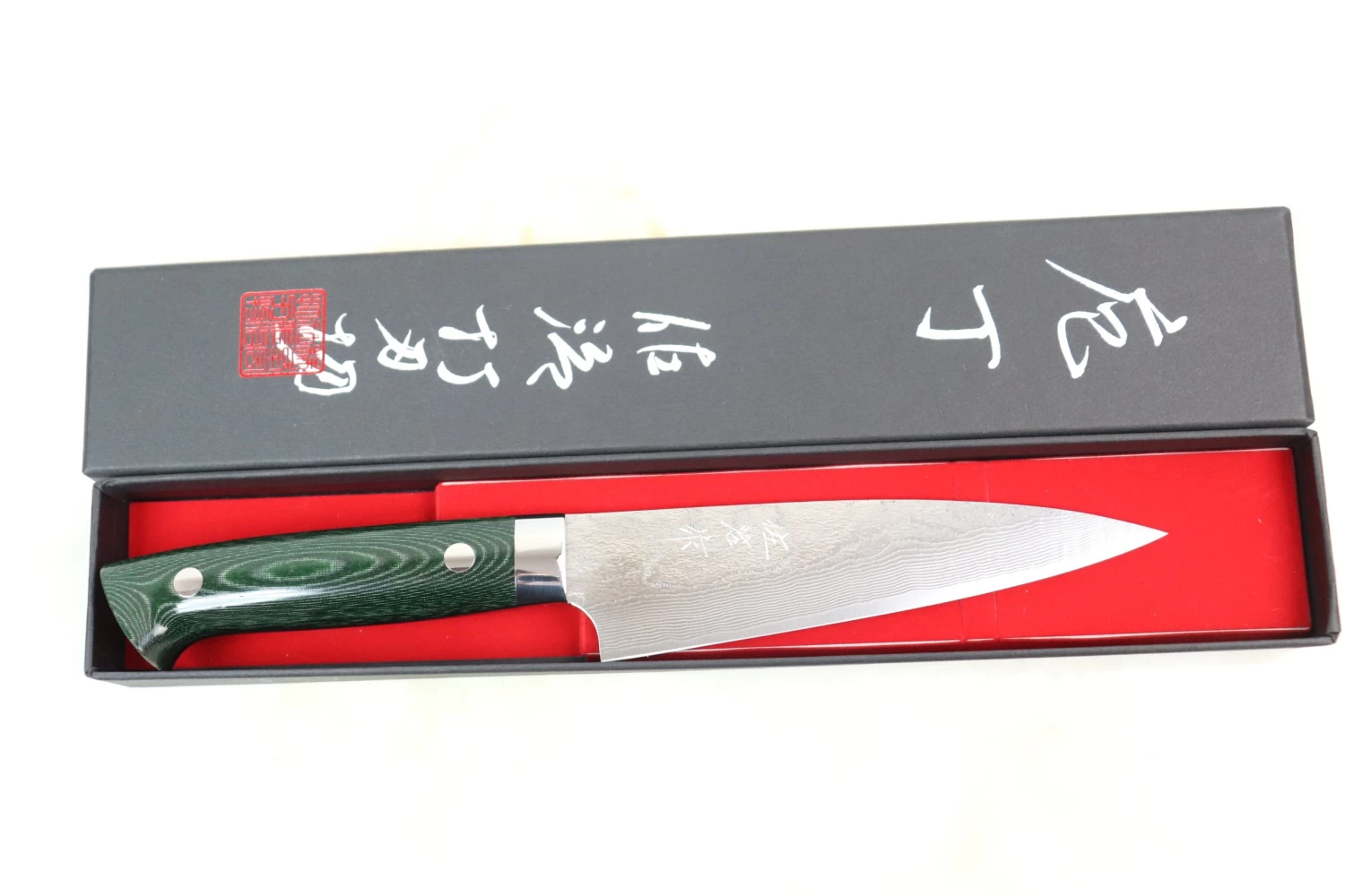 Takeshi Saji VG-10 Custom Damascus Wild Series Petty (135mm & 150mm, 2 Sizes, Green Linen Micarta Handle) 9 Takeshi Saji VG-10 Custom Damascus Wild Series Petty (135mm & 150mm, 2 Sizes, Green Linen Micarta Handle) - Image 9