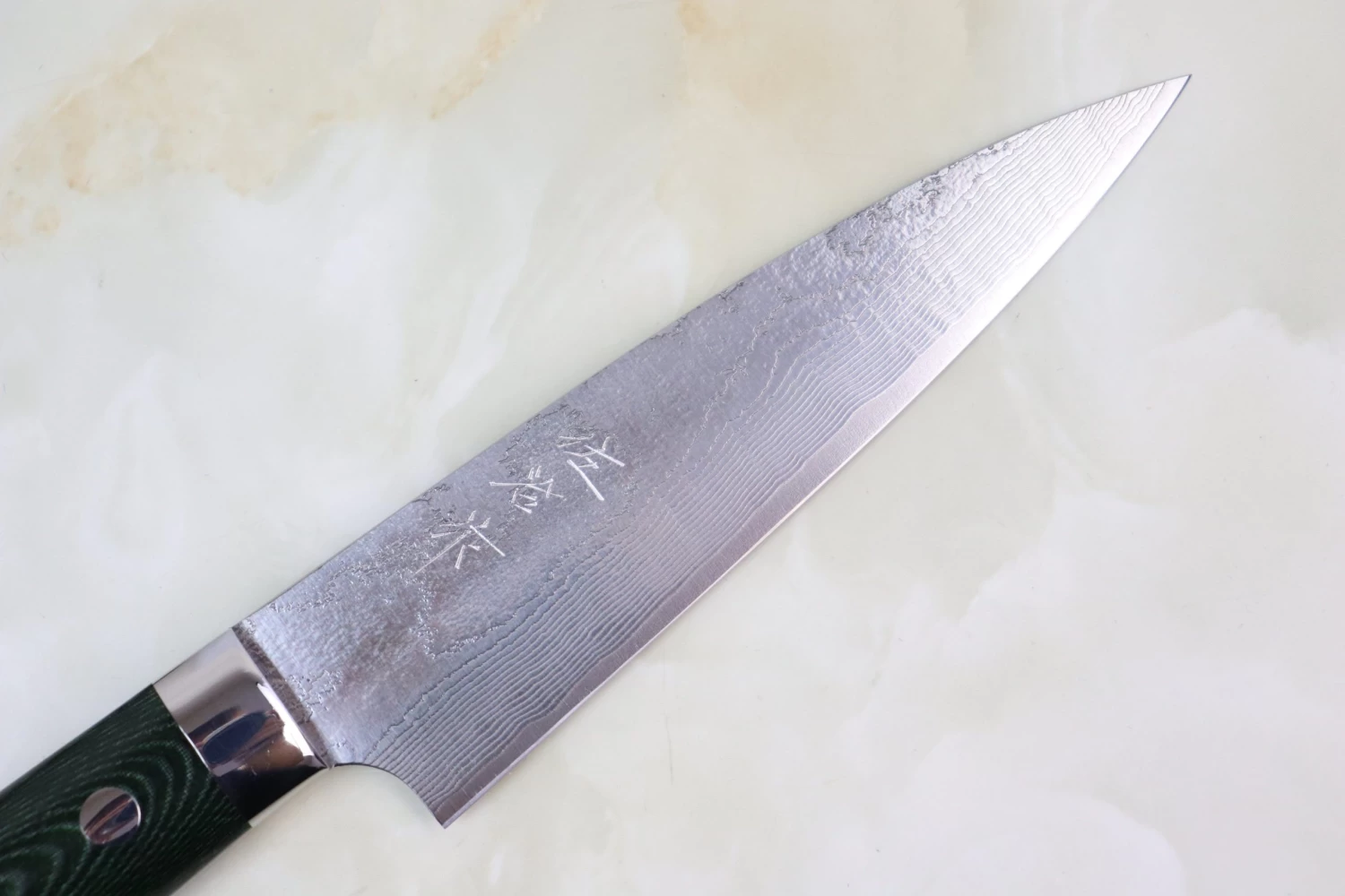 Takeshi Saji VG-10 Custom Damascus Wild Series Petty (135mm & 150mm, 2 Sizes, Green Linen Micarta Handle) 2 Takeshi Saji VG-10 Custom Damascus Wild Series Petty (135mm & 150mm, 2 Sizes, Green Linen Micarta Handle) - Image 2