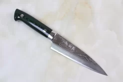 Takeshi Saji VG-10 Custom Damascus Wild Series Petty (135mm & 150mm, 2 Sizes, Green Linen Micarta Handle)