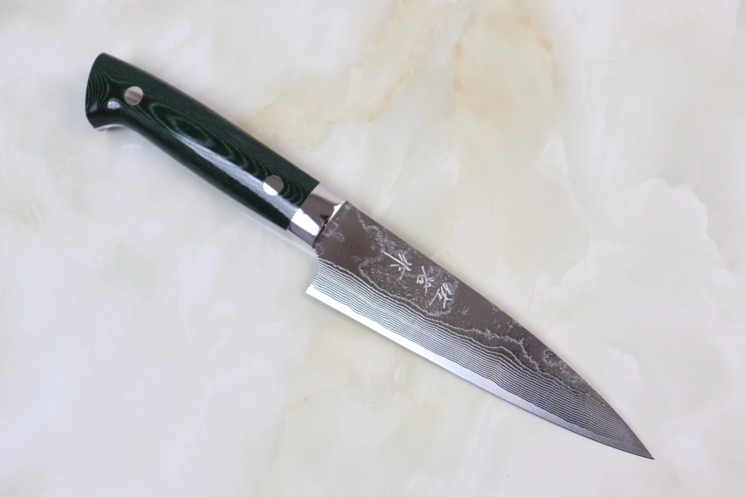 Takeshi Saji VG-10 Custom Damascus Wild Series Petty (135mm & 150mm, 2 Sizes, Green Linen Micarta Handle) 1 Takeshi Saji VG-10 Custom Damascus Wild Series Petty (135mm & 150mm, 2 Sizes, Green Linen Micarta Handle)