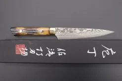 Takeshi Saji VG-10 Custom Damascus Wild Series Petty (135mm And 150mm, Stag Bone Handle) -Knife Sale Shop takeshi saji petty takeshi saji vg 10 custom damascus wild series petty 135mm and 150mm stag bone handle 42469332713755 scaled