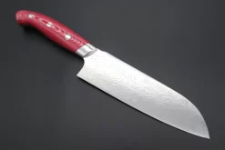 Takeshi Saji R-2 Custom Diamond Damascus Wild Series New Design SNRD-5RW Santoku175mm (6.8 Inch, Red/White Linen Micarta Handle)
