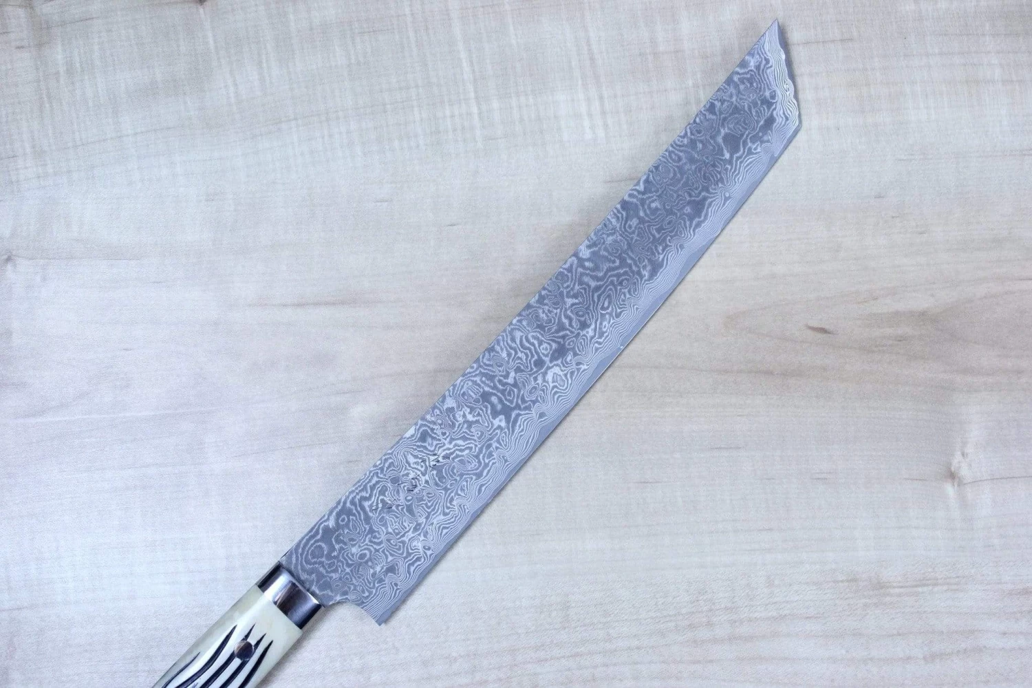 Takeshi Saji R-2 Custom Black Damascus Wild Series Katana Slicer 270mm Stag Bone Handle (10.6 Inch) 2 Takeshi Saji R-2 Custom Black Damascus Wild Series Katana Slicer 270mm Stag Bone Handle (10.6 Inch) - Image 2