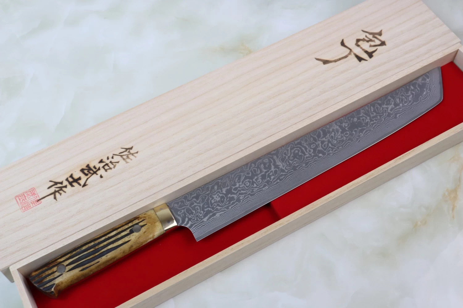 Takeshi Saji R-2 Custom Black Damascus Wild Series Katana Slicer 300mm (11.8 Inch, Stag Bone Handle, SRD-11S) 5 Takeshi Saji R-2 Custom Black Damascus Wild Series Katana Slicer 300mm (11.8 Inch, Stag Bone Handle, SRD-11S) - Image 5