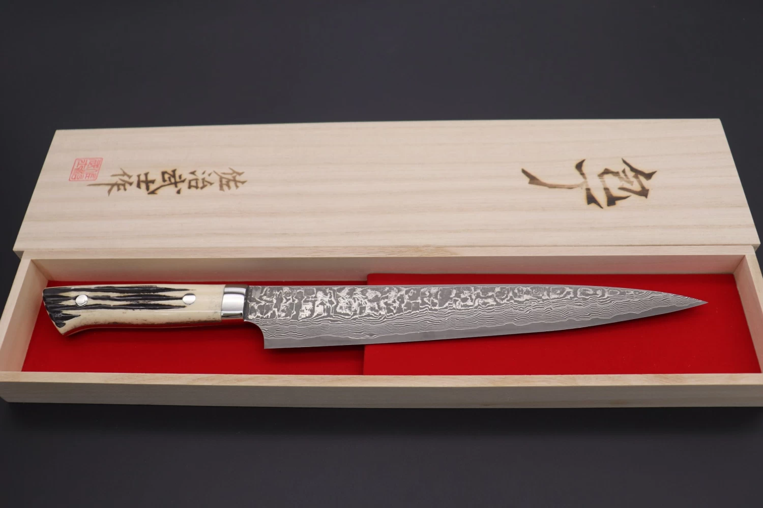 Takeshi Saji R-2 Custom Black Damascus Wild Series Sujihiki (240mm And 270mm, Stag Bone Handle) 8 Takeshi Saji R-2 Custom Black Damascus Wild Series Sujihiki (240mm And 270mm, Stag Bone Handle) - Image 8