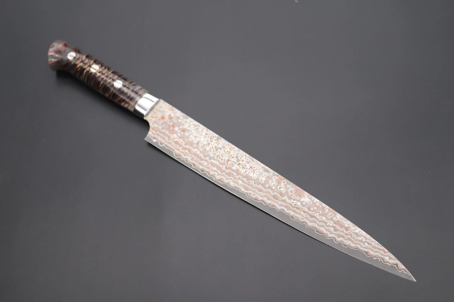 Takeshi Saji SUMMIT ― Limited Edition Custom Series SMT-690 VG-10W Multi-Colored Golden-Rainbow Damascus Sujihiki 240mm (9.4 Inch) 1 Takeshi Saji SUMMIT ― Limited Edition Custom Series SMT-690 VG-10W Multi-Colored Golden-Rainbow Damascus Sujihiki 240mm (9.4 Inch)