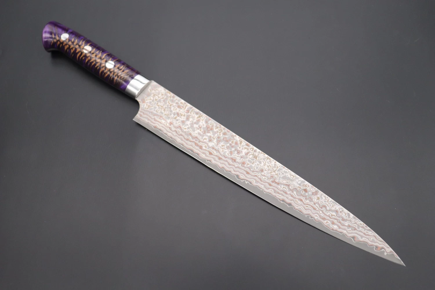 Takeshi Saji SUMMIT ― Limited Edition Custom Series SMT-754 VG-10W Multi-Colored Golden-Rainbow Damascus Sujihiki 240mm (9.4 Inch) 1 Takeshi Saji SUMMIT ― Limited Edition Custom Series SMT-754 VG-10W Multi-Colored Golden-Rainbow Damascus Sujihiki 240mm (9.4 Inch)