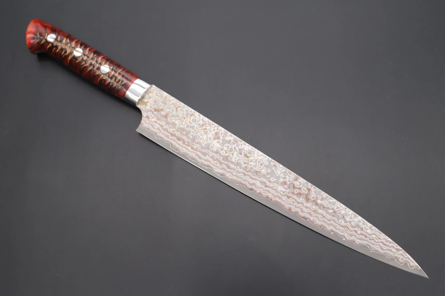 Takeshi Saji SUMMIT ― Limited Edition Custom Series SMT-755 VG-10W Multi-Colored Golden-Rainbow Damascus Sujihiki 240mm (9.4 Inch) 1 Takeshi Saji SUMMIT ― Limited Edition Custom Series SMT-755 VG-10W Multi-Colored Golden-Rainbow Damascus Sujihiki 240mm (9.4 Inch)