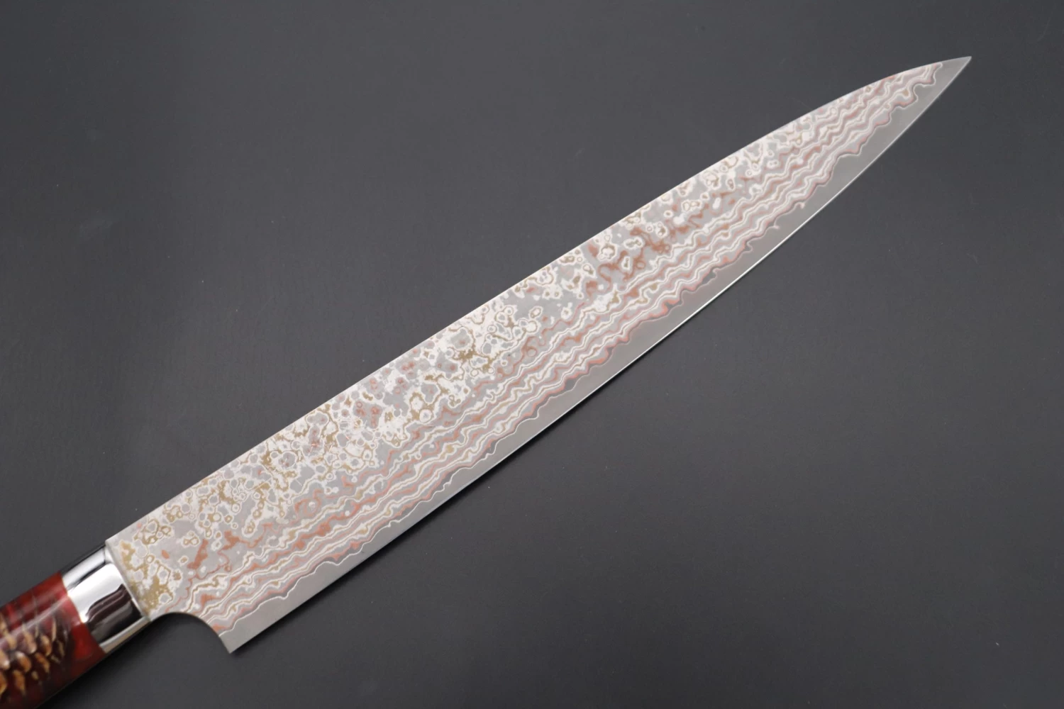 Takeshi Saji SUMMIT ― Limited Edition Custom Series SMT-755 VG-10W Multi-Colored Golden-Rainbow Damascus Sujihiki 240mm (9.4 Inch) 2 Takeshi Saji SUMMIT ― Limited Edition Custom Series SMT-755 VG-10W Multi-Colored Golden-Rainbow Damascus Sujihiki 240mm (9.4 Inch) - Image 2