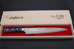 Takeshi Saji SUMMIT ― Limited Edition Custom Series SMT-758 VG-10W Multi-Colored Golden-Rainbow Damascus Series Sujihiki 240mm (9.4 Inch) -Knife Sale Shop takeshi saji sujihiki takeshi saji summit limited edition custom series smt 758 vg 10w multi colored golden rainbow damascus series sujihiki 240mm 9 4 inch 44690274681115 scaled