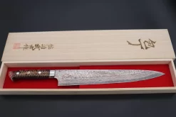 Takeshi Saji SUMMIT ― Limited Edition Custom Series SMT-759 VG-10W Multi-Colored Golden-Rainbow Damascus Sujihiki 270mm (10.6 Inch) -Knife Sale Shop takeshi saji sujihiki takeshi saji summit limited edition custom series smt 759 vg 10w multi colored golden rainbow damascus sujihiki 270mm 10 6 inch 44690345197851 scaled