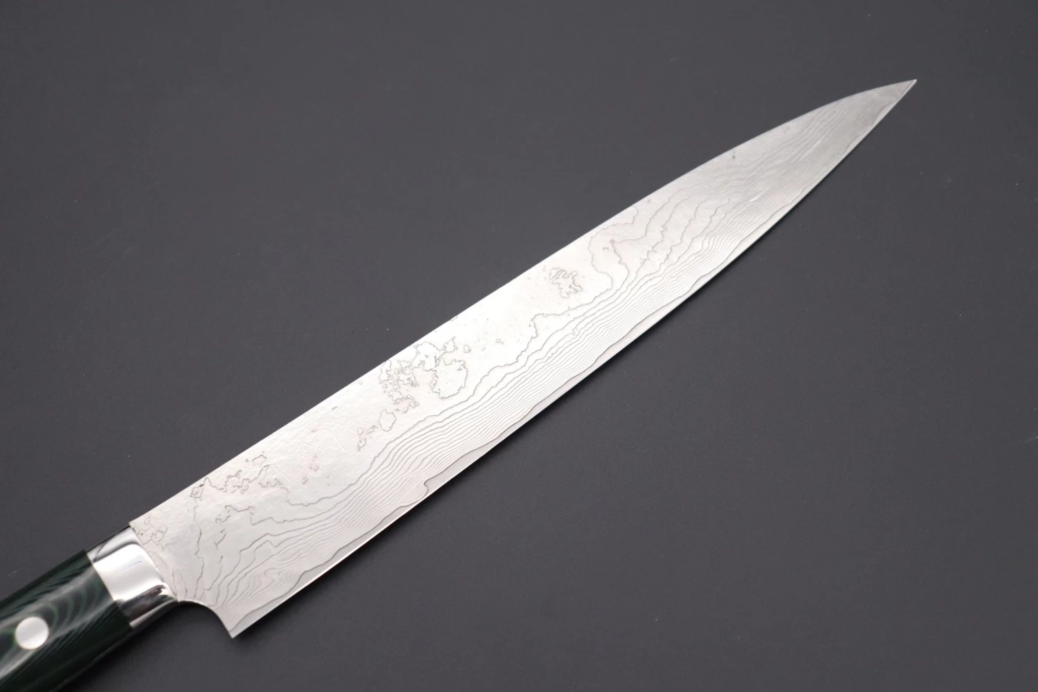 Takeshi Saji VG-10 Custom Damascus Wild Series Sujihiki (240mm And 270mm, 2 Sizes, Green Linen Micarta Handle) 2 Takeshi Saji VG-10 Custom Damascus Wild Series Sujihiki (240mm And 270mm, 2 Sizes, Green Linen Micarta Handle) - Image 2