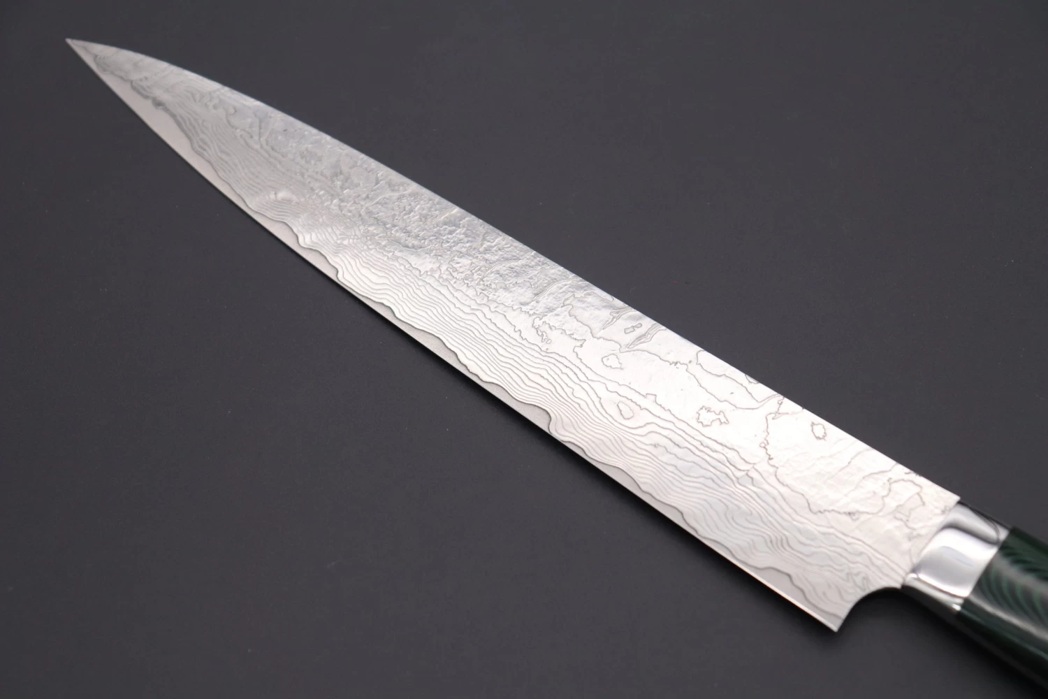 Takeshi Saji VG-10 Custom Damascus Wild Series Sujihiki (240mm And 270mm, 2 Sizes, Green Linen Micarta Handle) 6 Takeshi Saji VG-10 Custom Damascus Wild Series Sujihiki (240mm And 270mm, 2 Sizes, Green Linen Micarta Handle) - Image 6